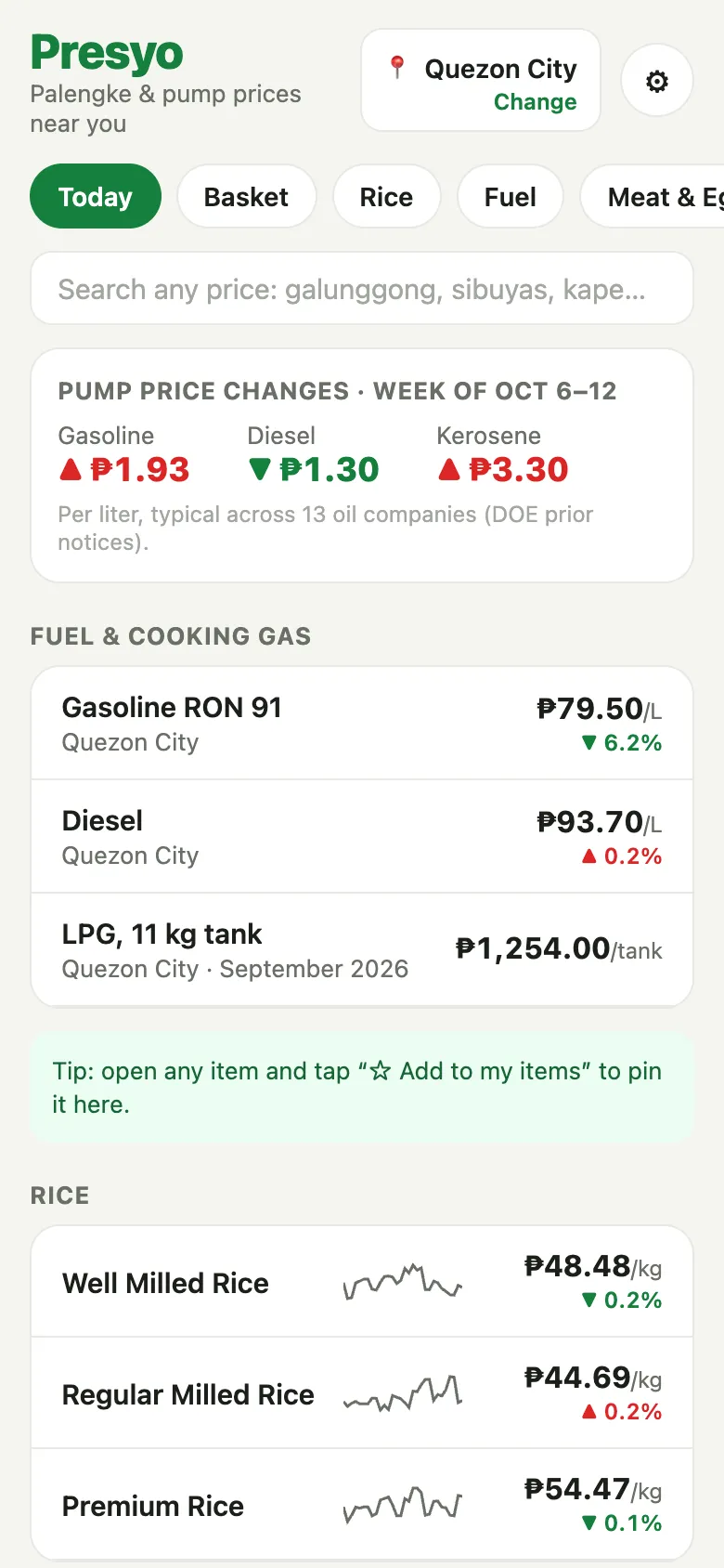 Presyo: Today's prices near you